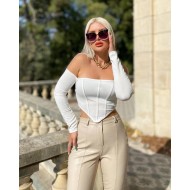 Beyaz Sırt Fermuarlı Ön Şeritli Crop