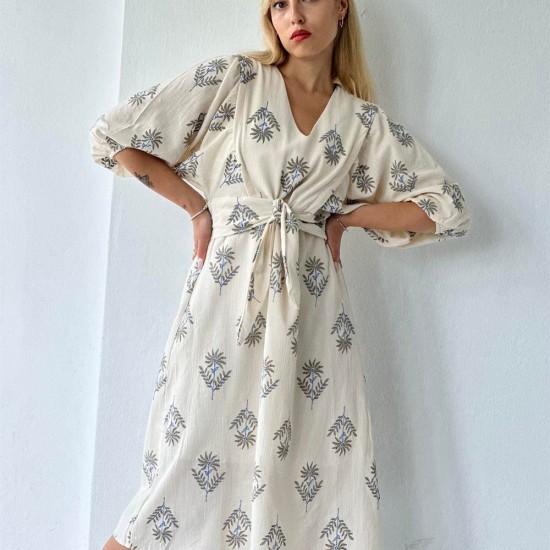 Çiçekli Dokuma Keten Kuşaklı V Yaka Yazlık Astarlı Elbise