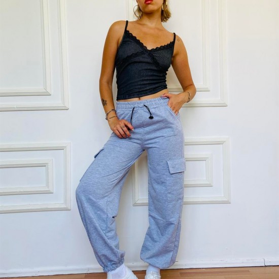 Füme Askılı Crop Gri Kargo Cep Eşofman