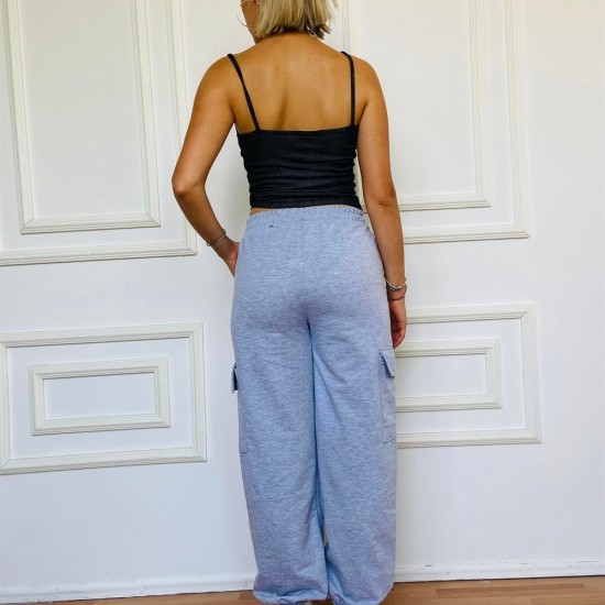 Füme Askılı Crop Gri Kargo Cep Eşofman