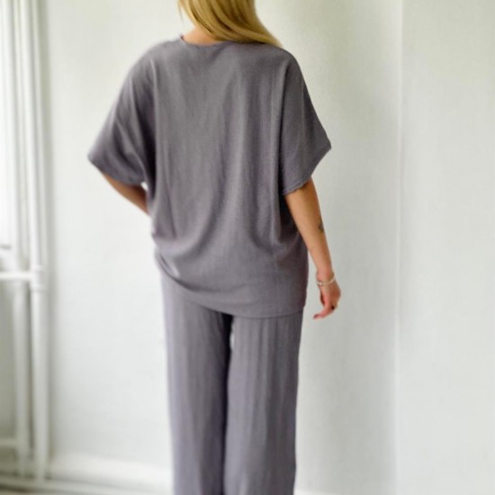 Gri V Yaka Bluz Pantolon Örme Bürümcük Kumaş Ikili Takım