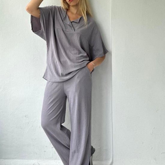 Gri V Yaka Bluz Pantolon Örme Bürümcük Kumaş Ikili Takım