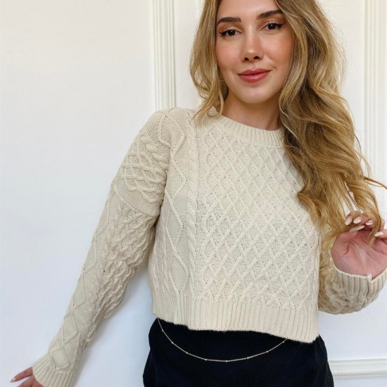 Kadın Açık Bej Örme Yumuşacık Dokulu Triko Bisiklet yakalı Kazak