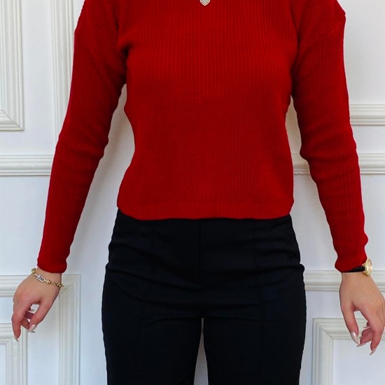 Kadın Basic Örme Kırmızı Triko Kazak