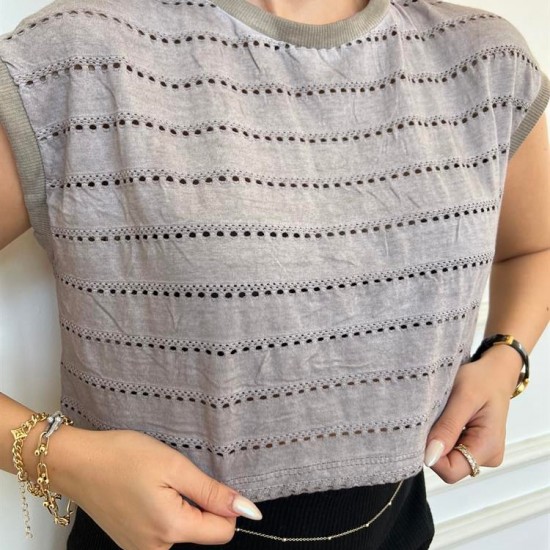 Kadın Bej Dantel Kaplama Sırtı Transparan Crop Atlet Üst