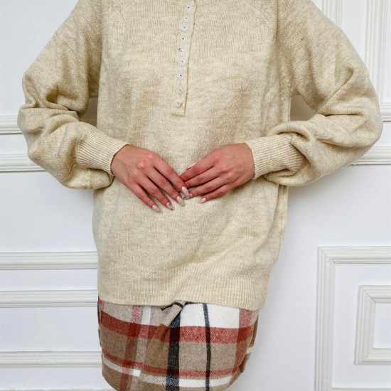 Kadın Bej Düğmeli Kazak