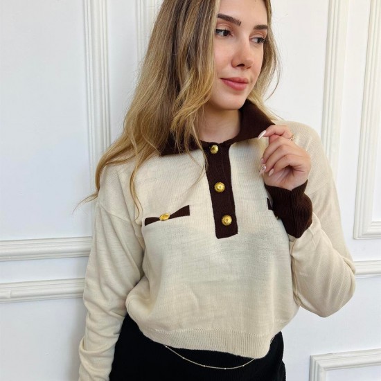 Kadın Bej Kahveli Merserize Polo Yakalı Kazak