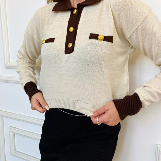 Kadın Bej Kahveli Merserize Polo Yakalı Kazak