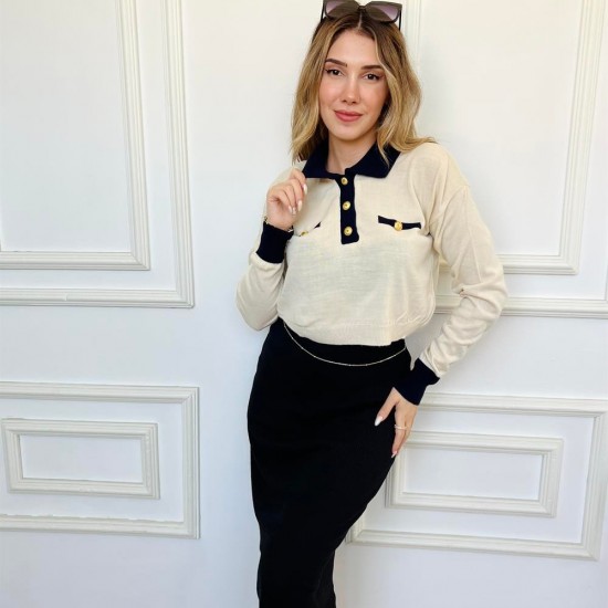 Kadın Bej Lacivert Merserize Polo Yakalı Kazak