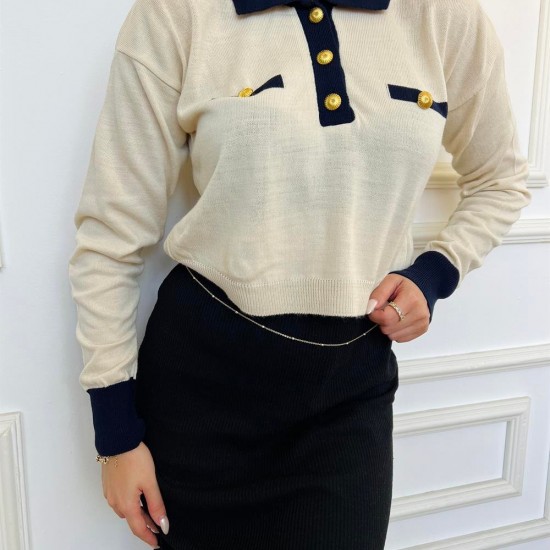 Kadın Bej Lacivert Merserize Polo Yakalı Kazak