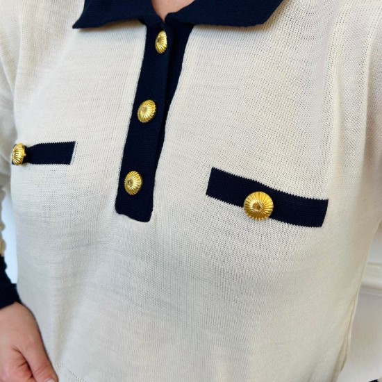 Kadın Bej Lacivert Merserize Polo Yakalı Kazak