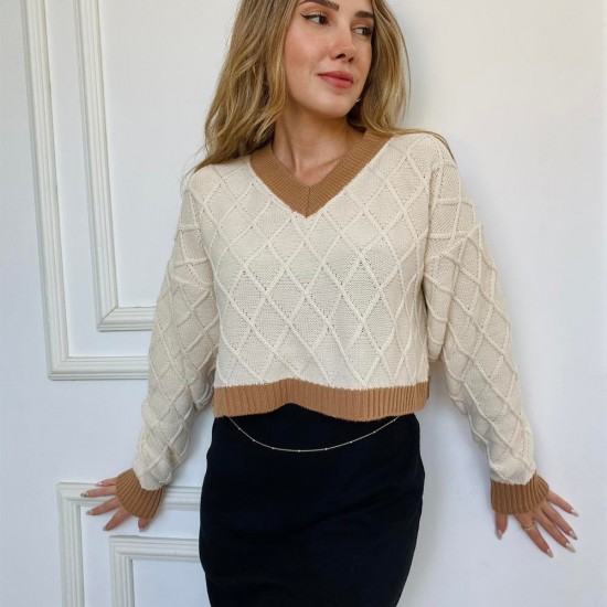 Kadın Bej Örme Yumuşacık Dokulu Triko V yakalı Kazak