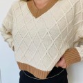 Kadın Bej Örme Yumuşacık Dokulu Triko V yakalı Kazak