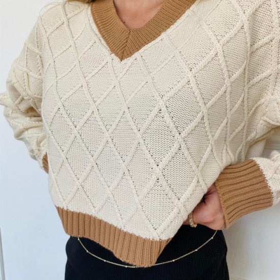 Kadın Bej Örme Yumuşacık Dokulu Triko V yakalı Kazak