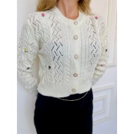 Kadın Beyaz Çiçek Nakışlı Örgü Triko Trend Hırka