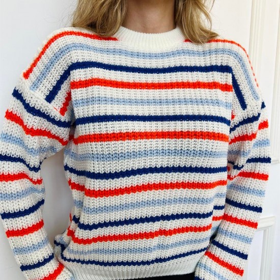 Kadın Beyaz Çizgili Örme Yumuşacık Triko Bisiklet yakalı Kazak