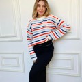 Kadın Beyaz Çizgili Örme Yumuşacık Triko Bisiklet yakalı Kazak