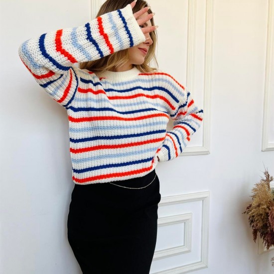 Kadın Beyaz Çizgili Örme Yumuşacık Triko Bisiklet yakalı Kazak