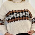 Kadın Boğazlı Kalın Kahve Aztek Desenli Kazak