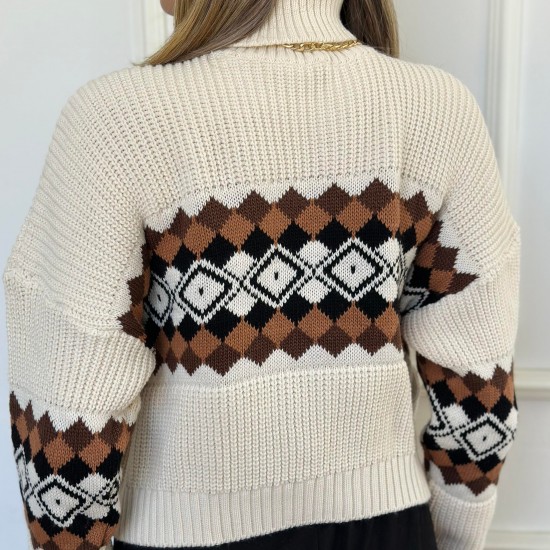 Kadın Boğazlı Kalın Kahve Aztek Desenli Kazak