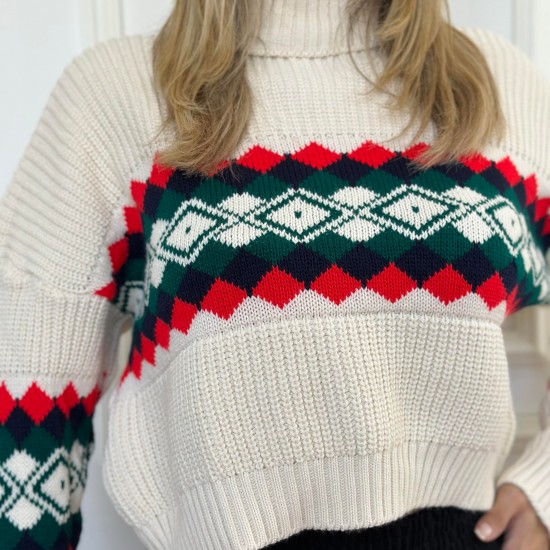 Kadın Boğazlı Kalın Kırmızılı Aztek Desenli Kazak