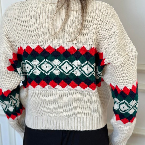 Kadın Boğazlı Kalın Kırmızılı Aztek Desenli Kazak