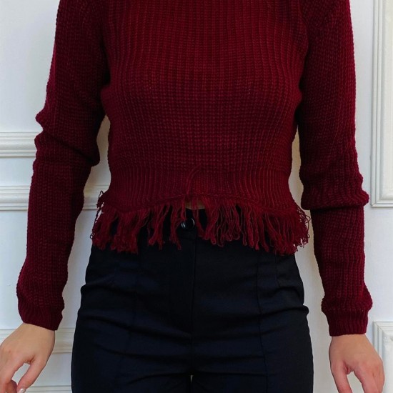 Kadın Bordo Geniş Yakalı Püskül Detaylı Örme Triko Kazak