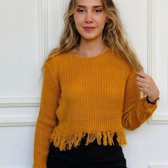 Kadın Hardal Geniş Yakalı Püskül Detaylı Örme Triko Kazak
