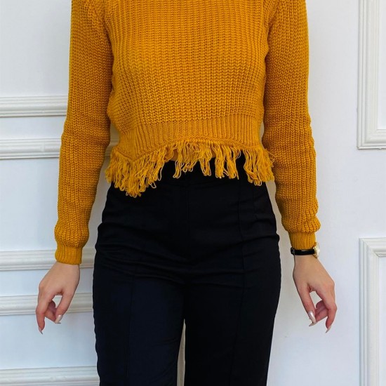 Kadın Hardal Geniş Yakalı Püskül Detaylı Örme Triko Kazak