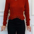 Kadın Kiremit Geniş Yakalı Püskül Detaylı Örme Triko Kazak