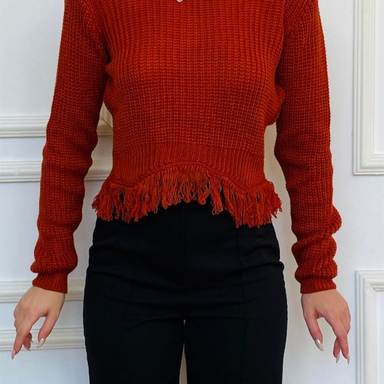 Kadın Kiremit Geniş Yakalı Püskül Detaylı Örme Triko Kazak