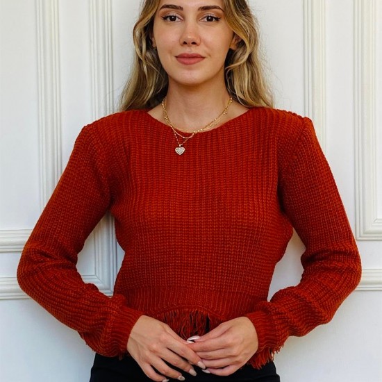 Kadın Kiremit Geniş Yakalı Püskül Detaylı Örme Triko Kazak