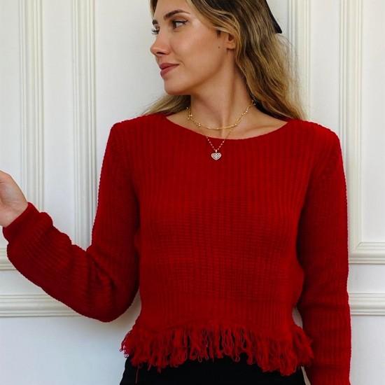 Kadın Kırmızı Geniş Yakalı Püskül Detaylı Örme Triko Kazak