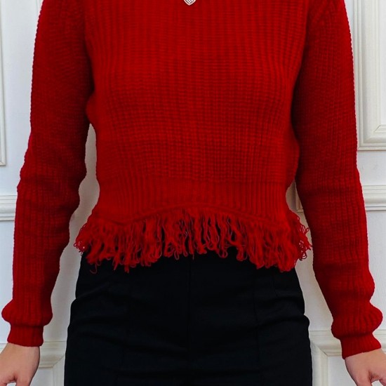 Kadın Kırmızı Geniş Yakalı Püskül Detaylı Örme Triko Kazak