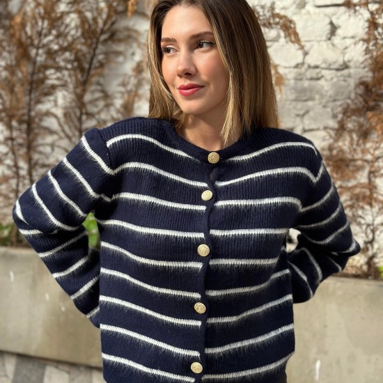 Kadın Lacivert Çizgili Metal Düğmeli Hırka