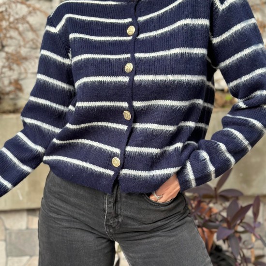 Kadın Lacivert Çizgili Metal Düğmeli Hırka