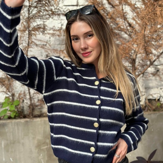 Kadın Lacivert Çizgili Metal Düğmeli Hırka