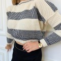 Kadın Lacivert Çizgili Örme Triko Bisiklet yakalı Kazak