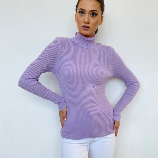 Lila Fitilli Boğazlı Likralı Kazak