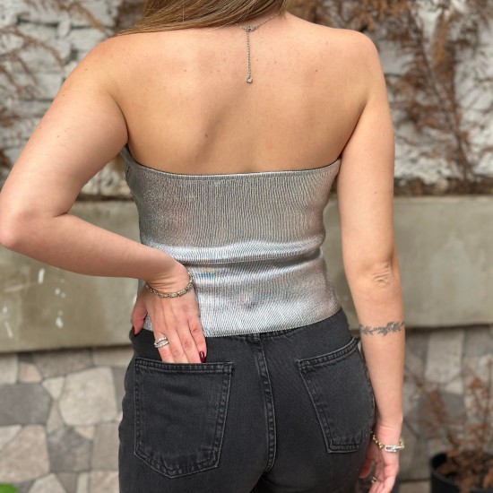 Kadın Metal Gümüş Triko Ensek Büstiyer