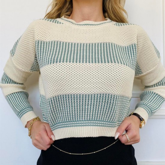 Kadın Mİnt Çizgili Örme Triko Bisiklet yakalı Kazak