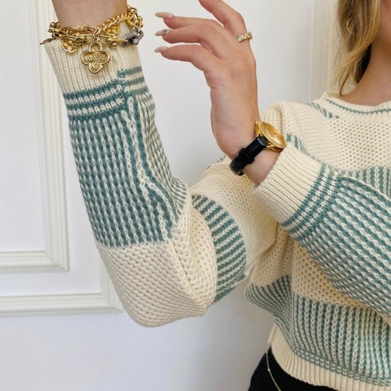 Kadın Mİnt Çizgili Örme Triko Bisiklet yakalı Kazak