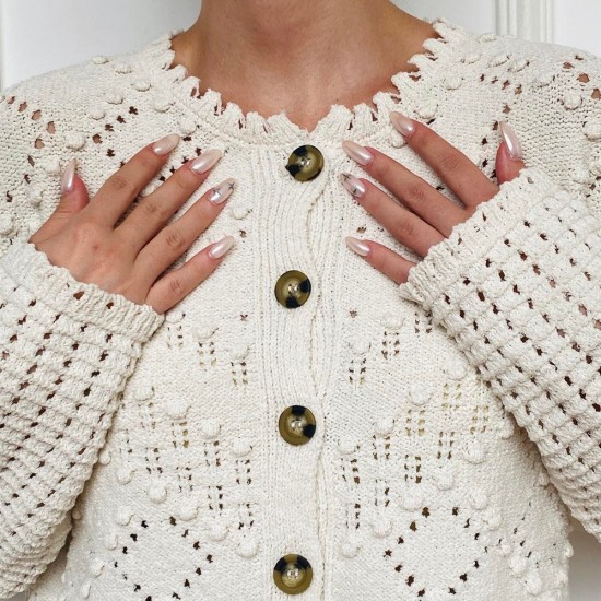 Kadın Örme Bej Ajurlu Düğmeli Hırka