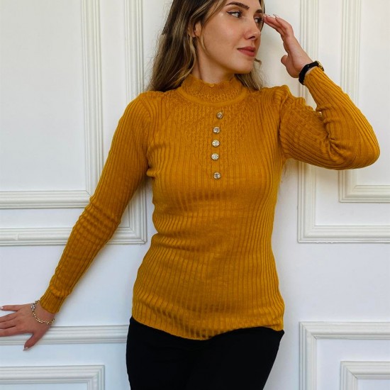 Kadın Örme Süs Düğmeli Hardal Triko Kazak