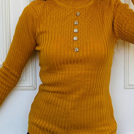 Kadın Örme Süs Düğmeli Hardal Triko Kazak