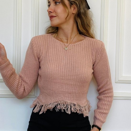 Kadın Pudra Geniş Yakalı Püskül Detaylı Örme Triko Kazak
