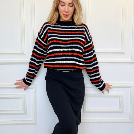 Kadın Siyah Çizgili Örme Yumuşacık Triko Bisiklet yakalı Kazak