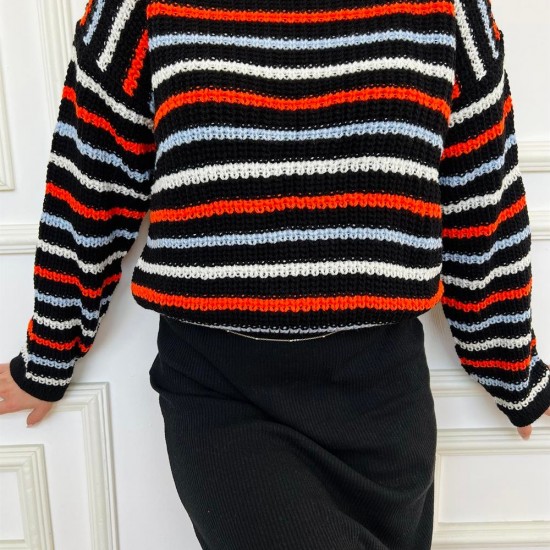 Kadın Siyah Çizgili Örme Yumuşacık Triko Bisiklet yakalı Kazak