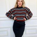 Kadın Siyah Çizgili Örme Yumuşacık Triko Bisiklet yakalı Kazak