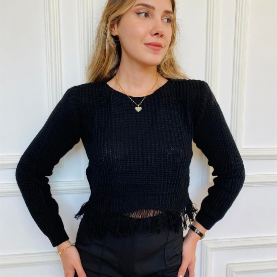 Kadın Siyah Geniş Yakalı Püskül Detaylı Örme Triko Kazak